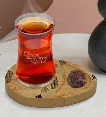 Kişiye Özel Modern Art Tasarımlı Doğal Ahşap Tabaklı Heybeli Çay Bardağı Sunum Seti Model 5