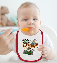 BK Kids Race Time Tasarımlı Kırmızı Bebek Body Zıbın ve Mama Önlüğü Hediye Seti-1