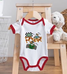 BK Kids Race Time Tasarımlı Kırmızı Bebek Body Zıbın ve Mama Önlüğü Hediye Seti-1