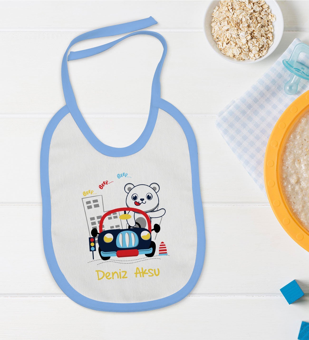 BK Kids Kişiye Özel Mavi Bebek Mama Önlüğü - Model 139
