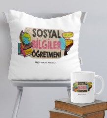 Kişiye Özel Sosyal Bilgiler Öğretmeni Temalı Yastık Kupa Seti - 3