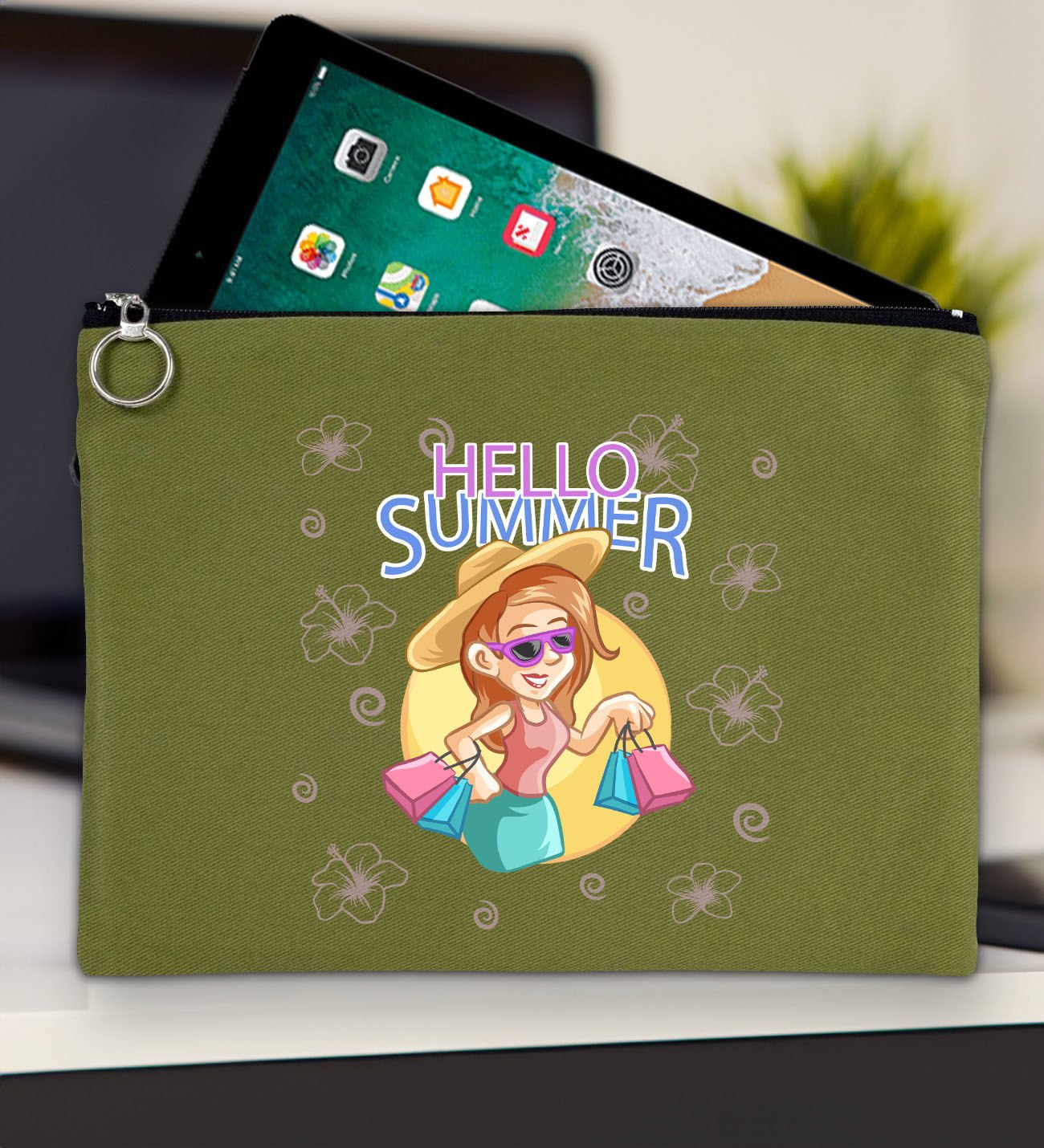 BK Gİft Yaz Temalı-2 Yeşil Tablet Çantası 30x21cm, Ipad Çantası, Baskılı Tablet Kılıfı