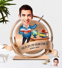 Kişiye Özel Yılın En İyi Erkek Öğretmeni Karikatürlü 3D Ahşap Biblo Plaket-3
