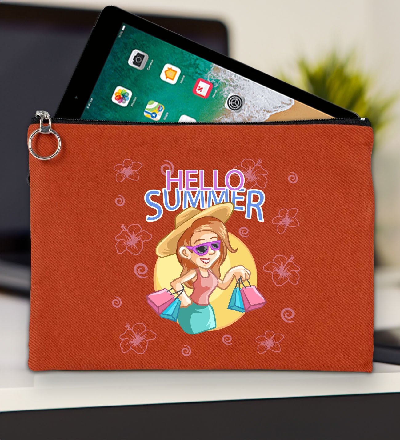 BK Gİft Yaz Temalı-2 Kiremit Tablet Çantası 30x21cm, Ipad Çantası, Baskılı Tablet Kılıfı