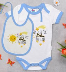 BK Kids Sıkıntı Yok Halam Halleder Tasarımlı Mavi Bebek Body Zıbın ve Mama Önlüğü Hediye Seti-1