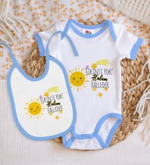 BK Kids Sıkıntı Yok Halam Halleder Tasarımlı Mavi Bebek Body Zıbın ve Mama Önlüğü Hediye Seti-1