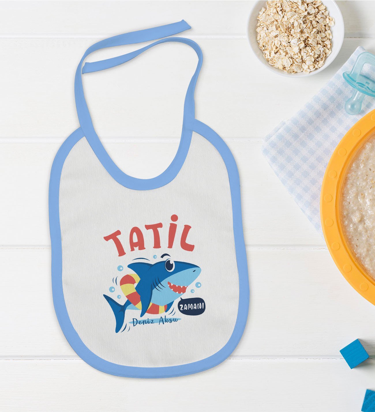 BK Kids Kişiye Özel Mavi Bebek Mama Önlüğü - Model 141