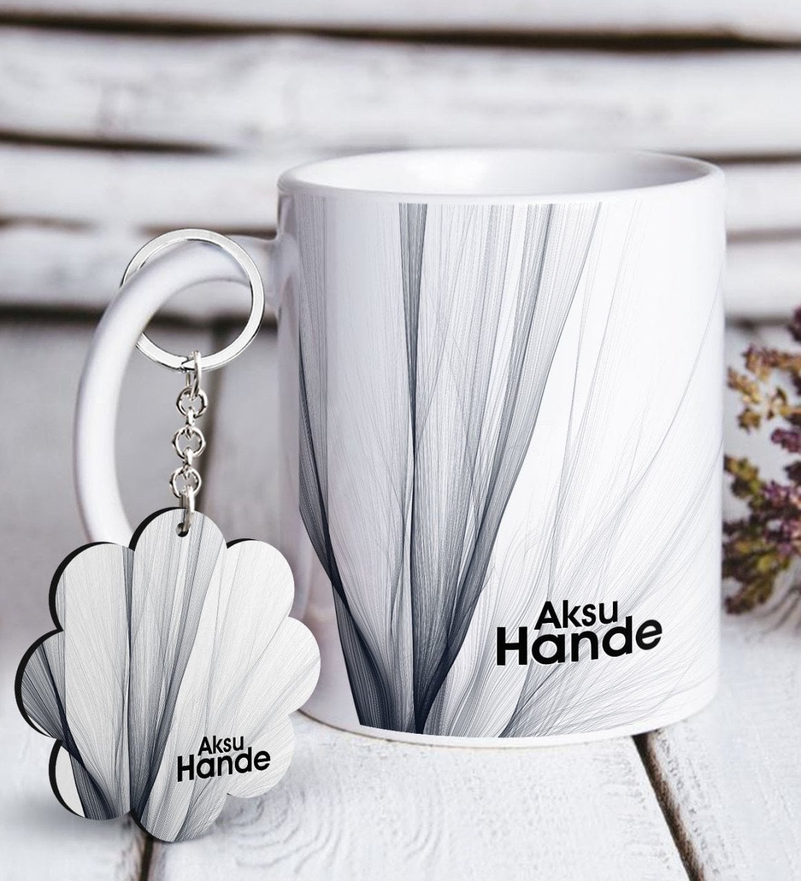 Kişiye Özel İsimli Beyaz Kupa ve Anahtarlık Hediye Seti-50