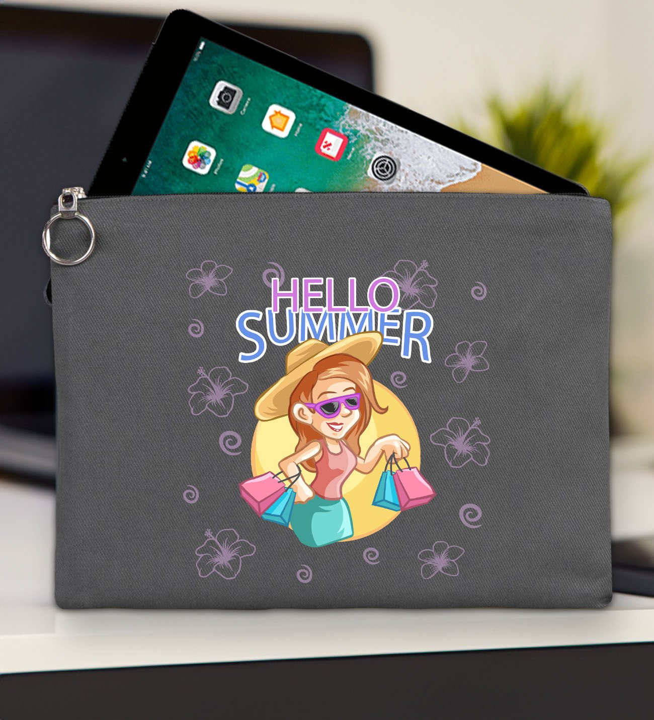 BK Gİft Yaz Temalı-2 Antrasit Tablet Çantası 30x21cm, Ipad Çantası, Baskılı Tablet Kılıfı