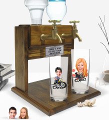 Kişiye Özel Erkek ve Kadın Tasarımlı İkili Rakı Bardağı ve Çift Musluklu Doğal Ahşap Rakı Standı-1