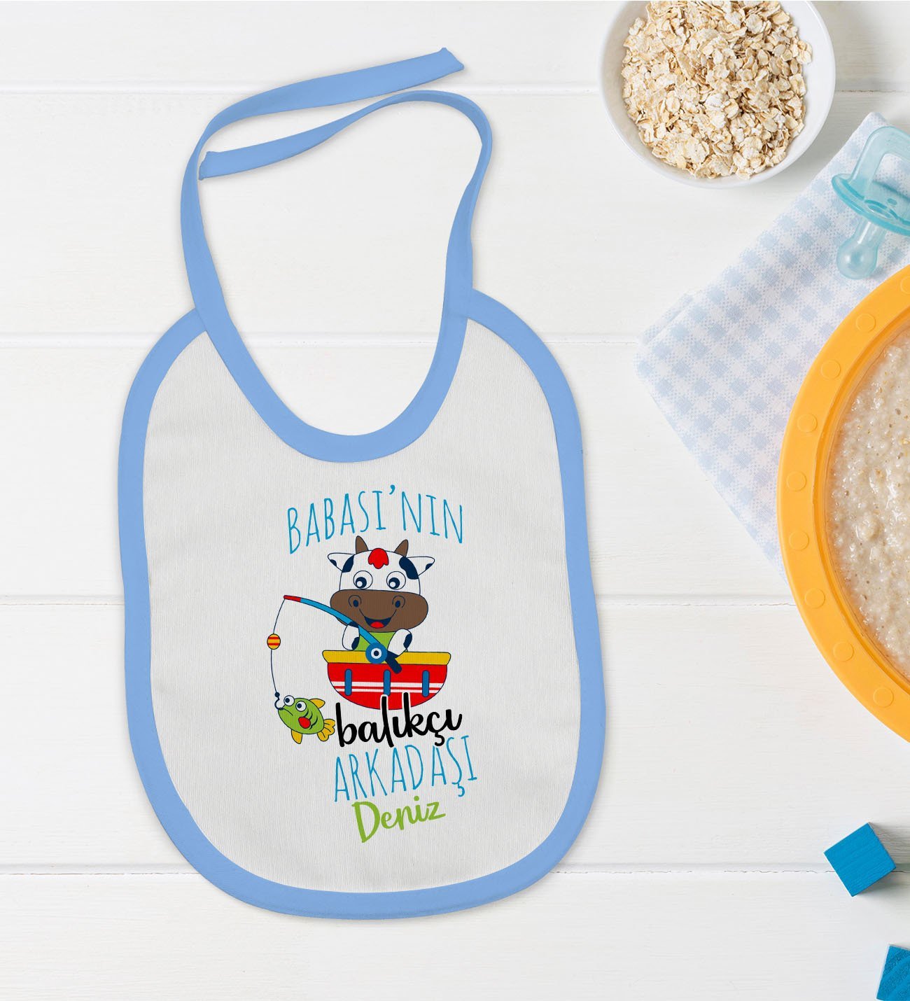 BK Kids Kişiye Özel Mavi Bebek Mama Önlüğü - Model 143