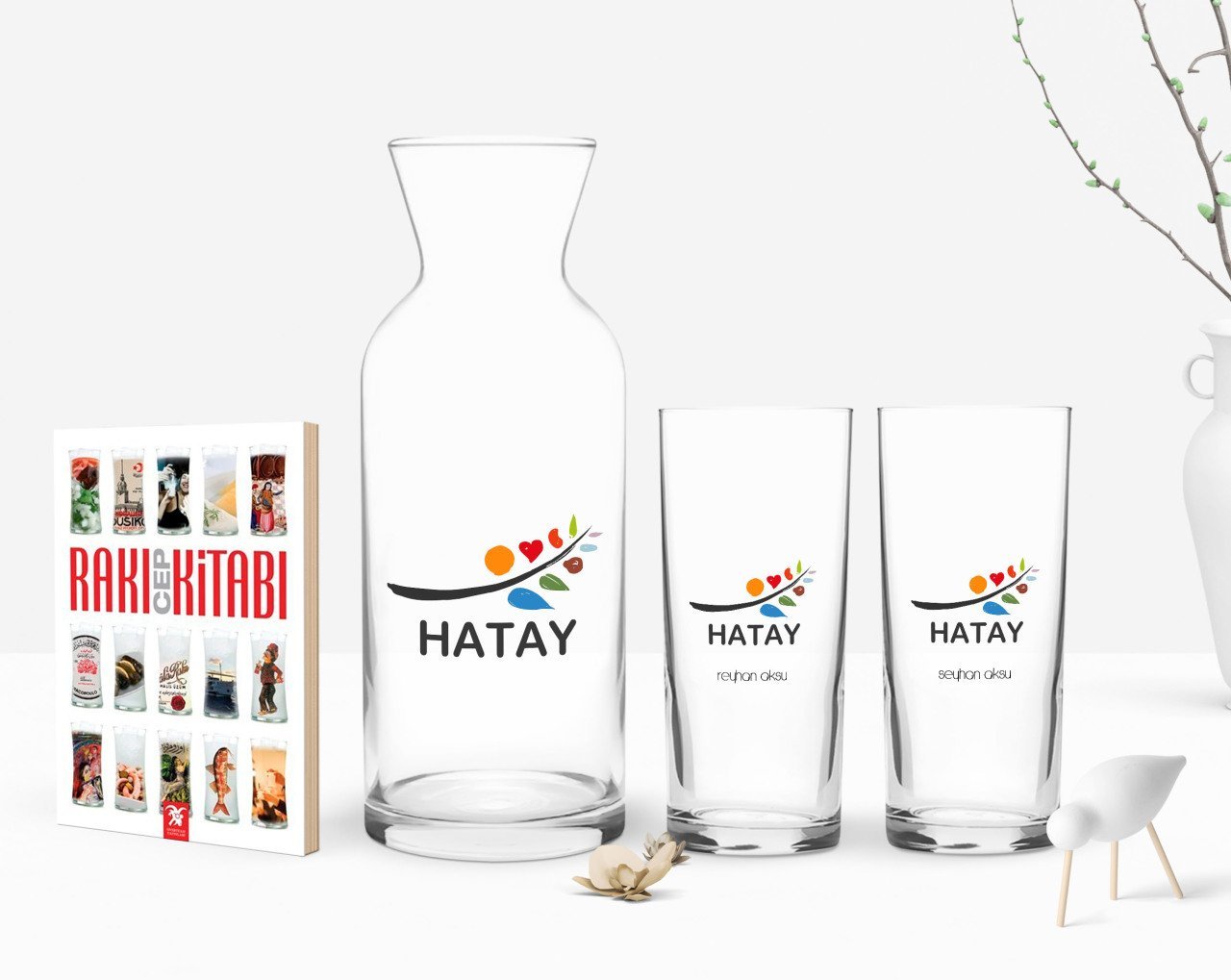 Kişiye Özel Renkli Baskılı Hatay Tasarımlı Turistik İkili Rakı Bardağı Karaf ve Cep Kitabı Hediye Seti-1