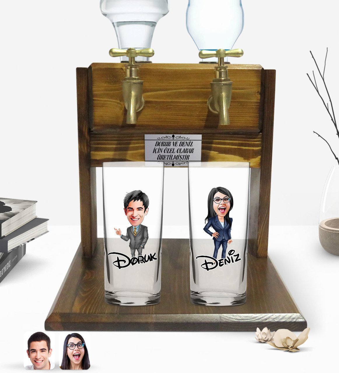 Kişiye Özel Erkek ve Kadın Tasarımlı İkili Rakı Bardağı ve Çift Musluklu Doğal Ahşap Rakı Standı-2