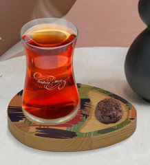 Kişiye Özel Modern Art Tasarımlı Doğal Ahşap Tabaklı Heybeli Çay Bardağı Sunum Seti Model 10