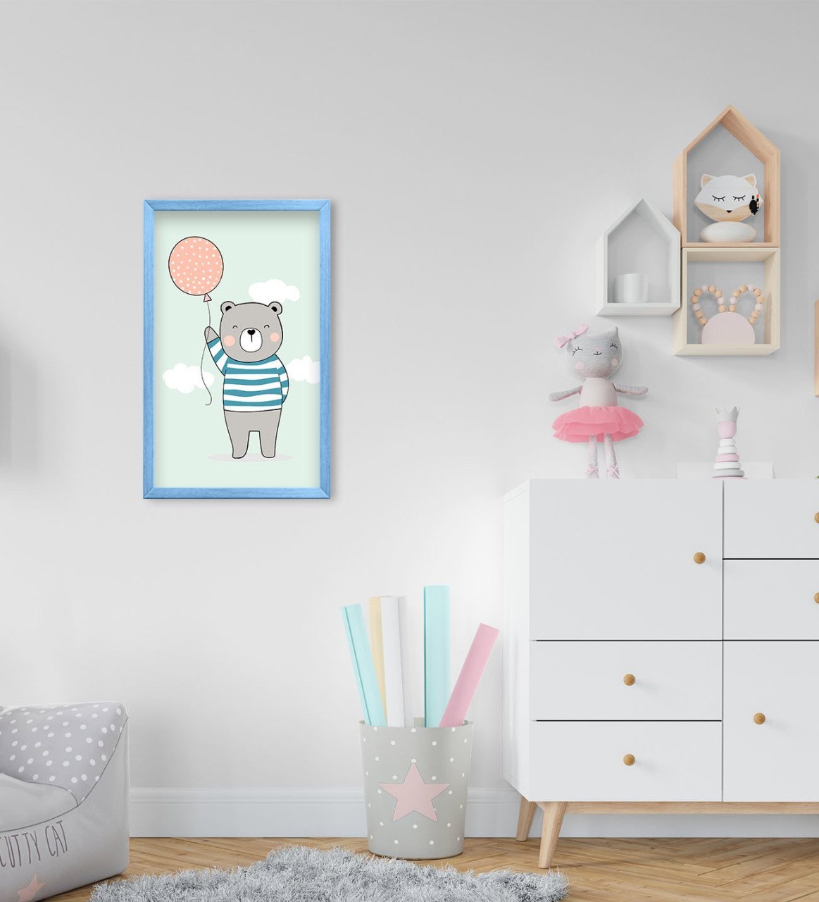 BK Home Tatlı Ayıcık Tasarımlı Dekoratif Mavi Ahşap Çerçeveli Çocuk Odası Tablo-4