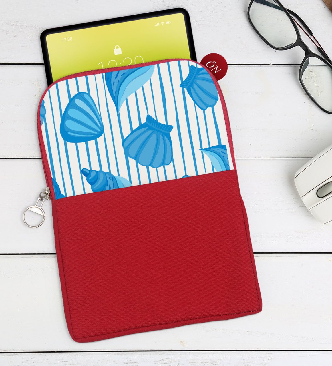 BK Gift Deniz Kabukları Tasarımlı Taşınabilir Koruyucu Tablet Kılıfı & Organizer Çanta - Kırmızı-2