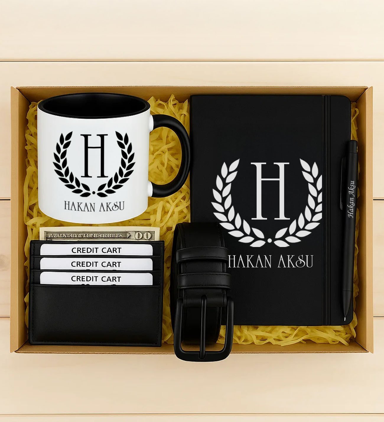 BK Gift Kişiye Özel İsimli Siyah Defter & Kalem & Kartlık Cüzdan & Kemer & Kupa Hediye Seti-1 | Babalar Günü Hediyesi, Erkeklere Özel Hediye