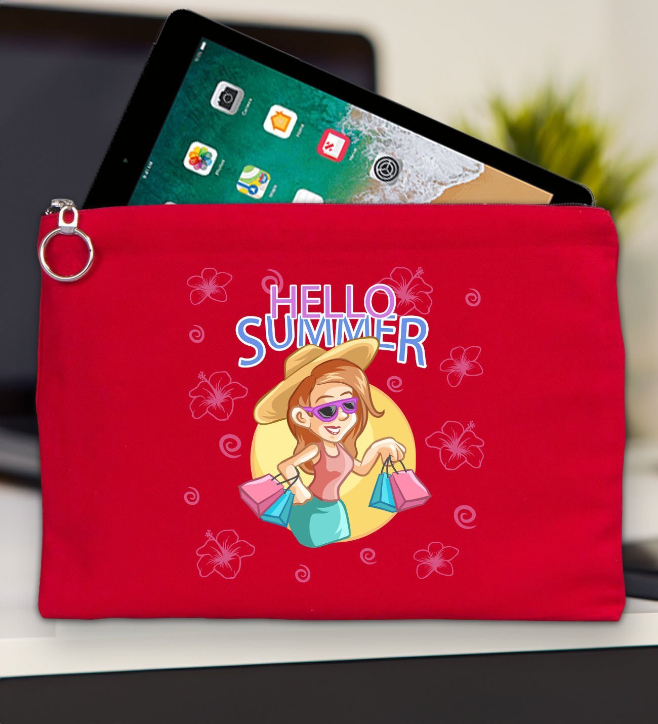 BK Gİft Yaz Temalı-2 Kırmızı Tablet Çantası 30x21cm, Ipad Çantası, Baskılı Tablet Kılıfı
