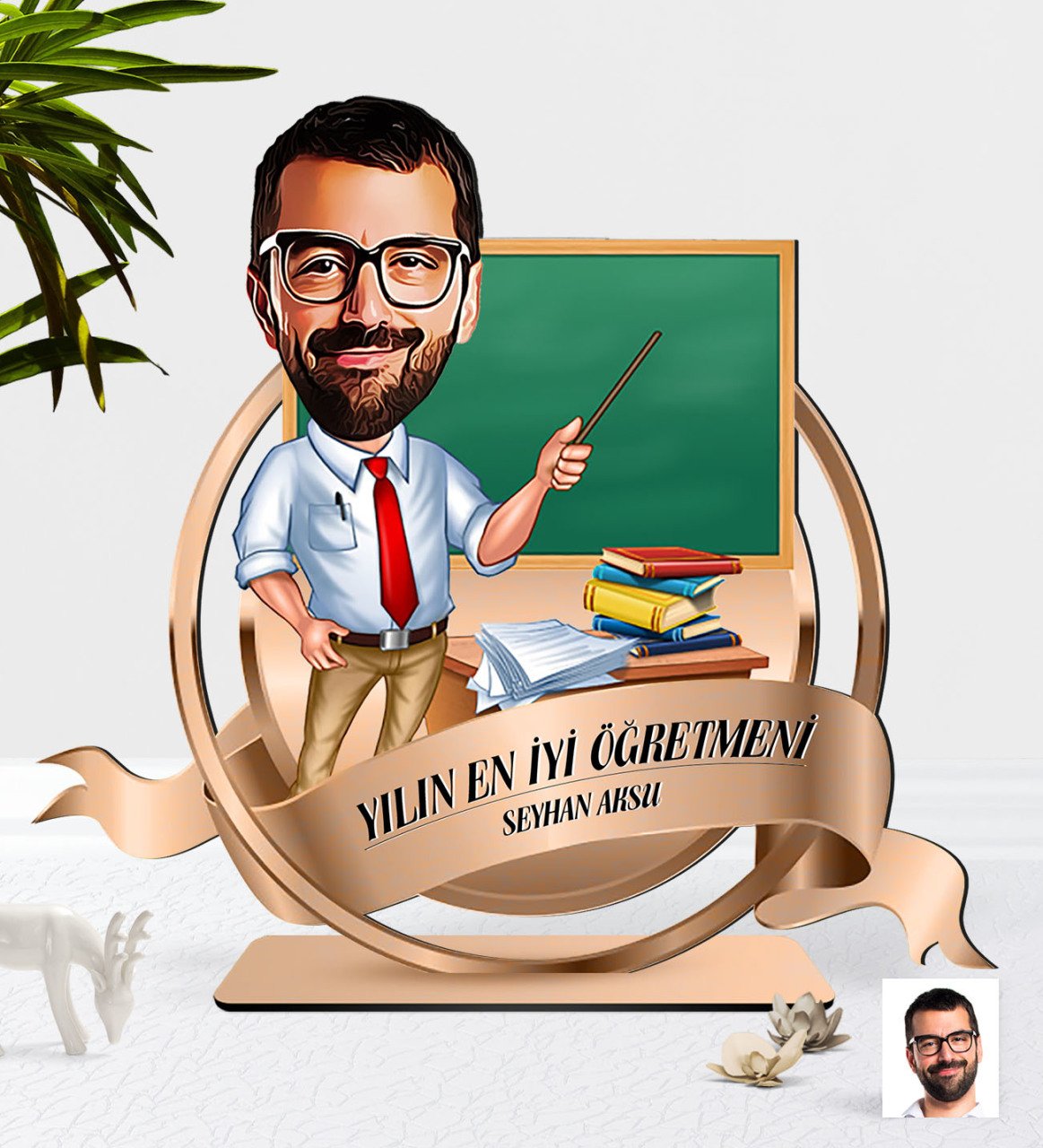 Kişiye Özel Yılın En İyi Erkek Öğretmeni Karikatürlü 3D Ahşap Biblo Plaket-8