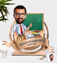 Kişiye Özel Yılın En İyi Erkek Öğretmeni Karikatürlü 3D Ahşap Biblo Plaket-8