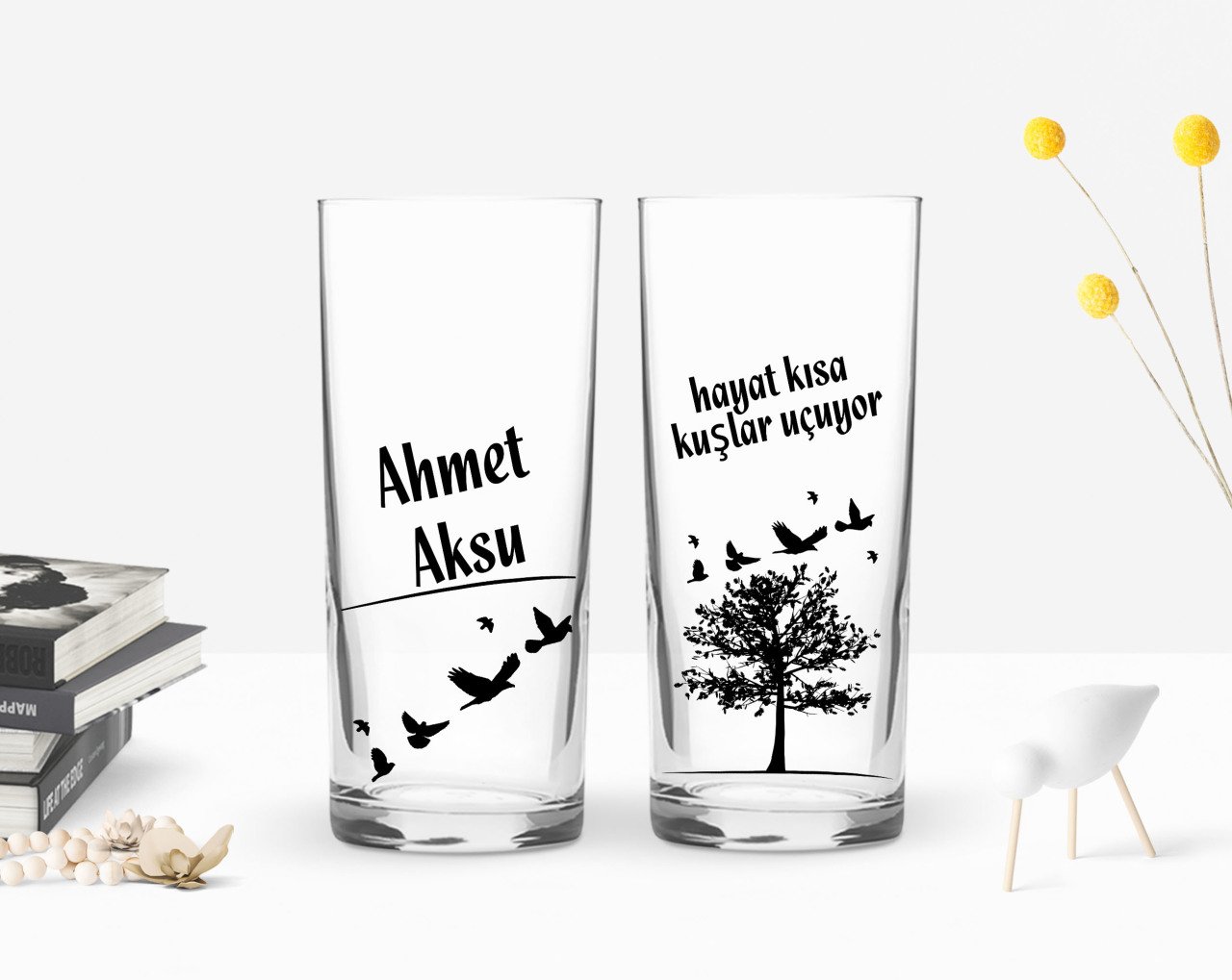 Kişiye Özel Renkli Baskılı Hayat Kısa Kuşlar Uçuyor Tasarımlı İkili Rakı Bardağı Seti-1