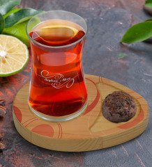 Kişiye Özel Modern Art Tasarımlı Doğal Ahşap Tabaklı Heybeli Çay Bardağı Sunum Seti Model 13