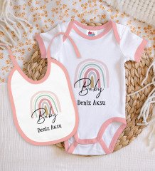 BK Kids Kişiye Özel Baby Tasarımlı Pembe Bebek Body Zıbın ve Mama Önlüğü Hediye Seti