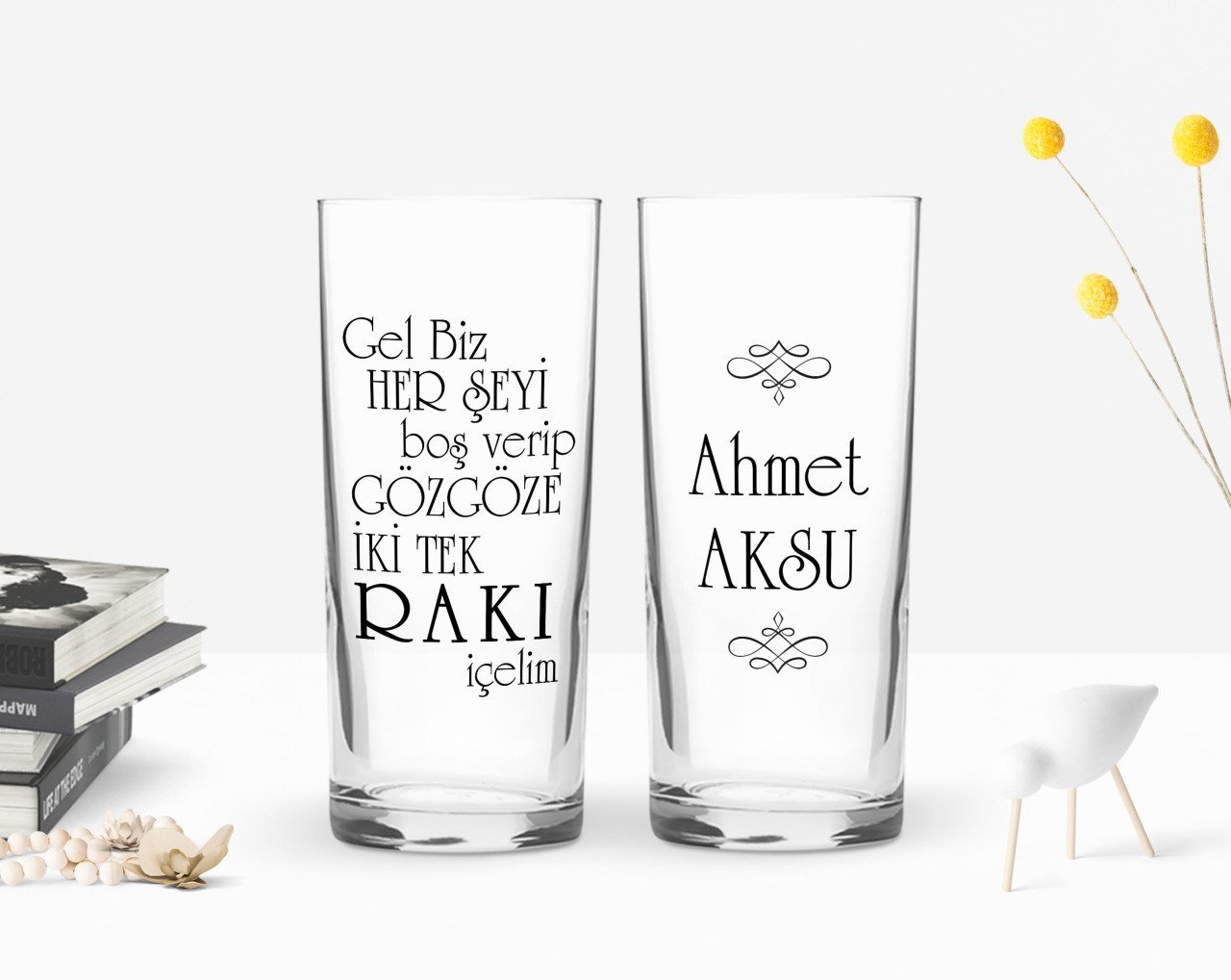 Kişiye Özel Renkli Baskılı Rakı İçelim Tasarımlı İkili Rakı Bardağı Seti-1