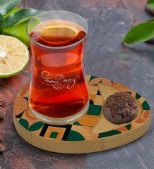 Kişiye Özel Modern Art Tasarımlı Doğal Ahşap Tabaklı Heybeli Çay Bardağı Sunum Seti Model 14