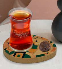 Kişiye Özel Modern Art Tasarımlı Doğal Ahşap Tabaklı Heybeli Çay Bardağı Sunum Seti Model 14
