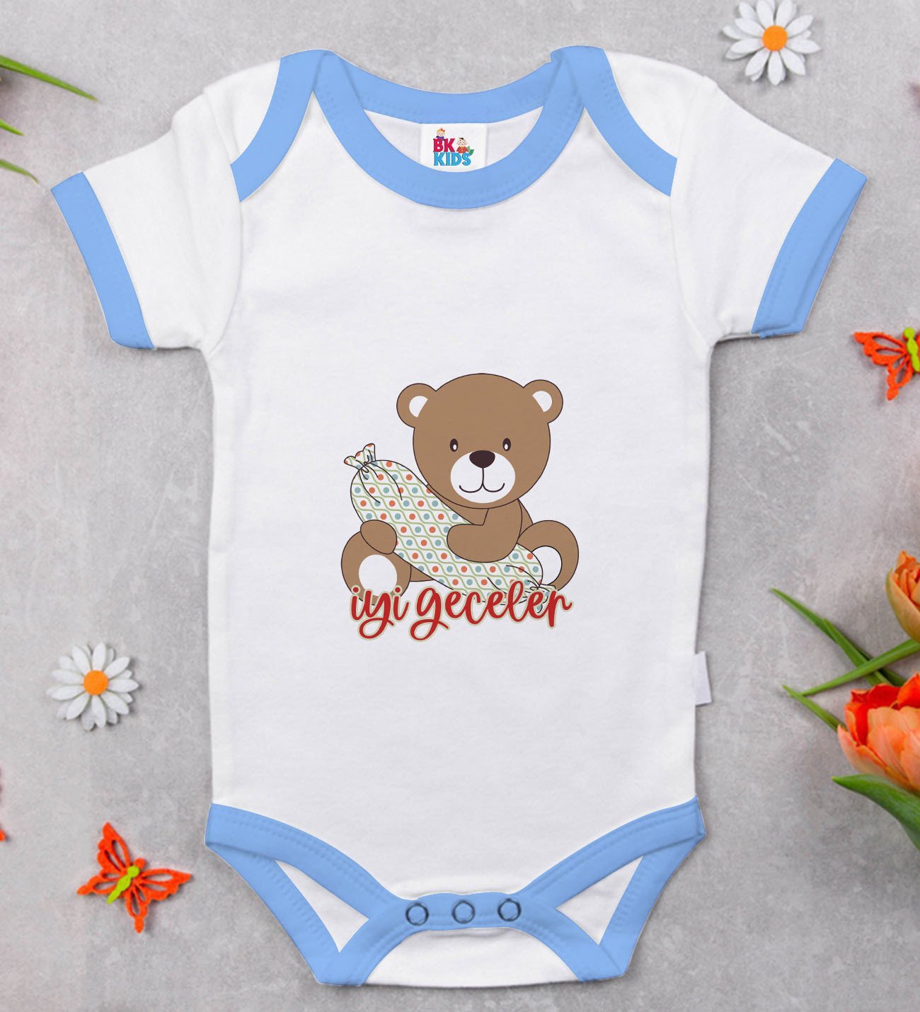 BK Kids Sevimli Ayı Tasarımlı Mavi Bebek Body Zıbın-1