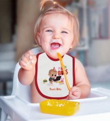 BK Kids Kişiye Özel Mini Boss Tasarımlı Kırmızı Bebek Mama Önlüğü-1