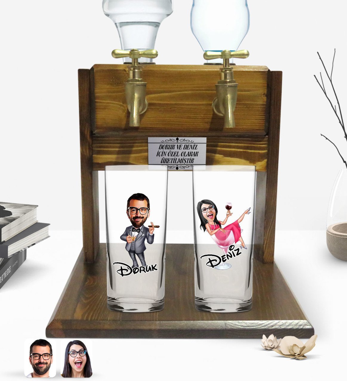 Kişiye Özel Erkek ve Kadın Tasarımlı İkili Rakı Bardağı ve Çift Musluklu Doğal Ahşap Rakı Standı-6