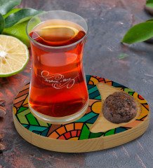 Kişiye Özel Modern Art Tasarımlı Doğal Ahşap Tabaklı Heybeli Çay Bardağı Sunum Seti Model 15