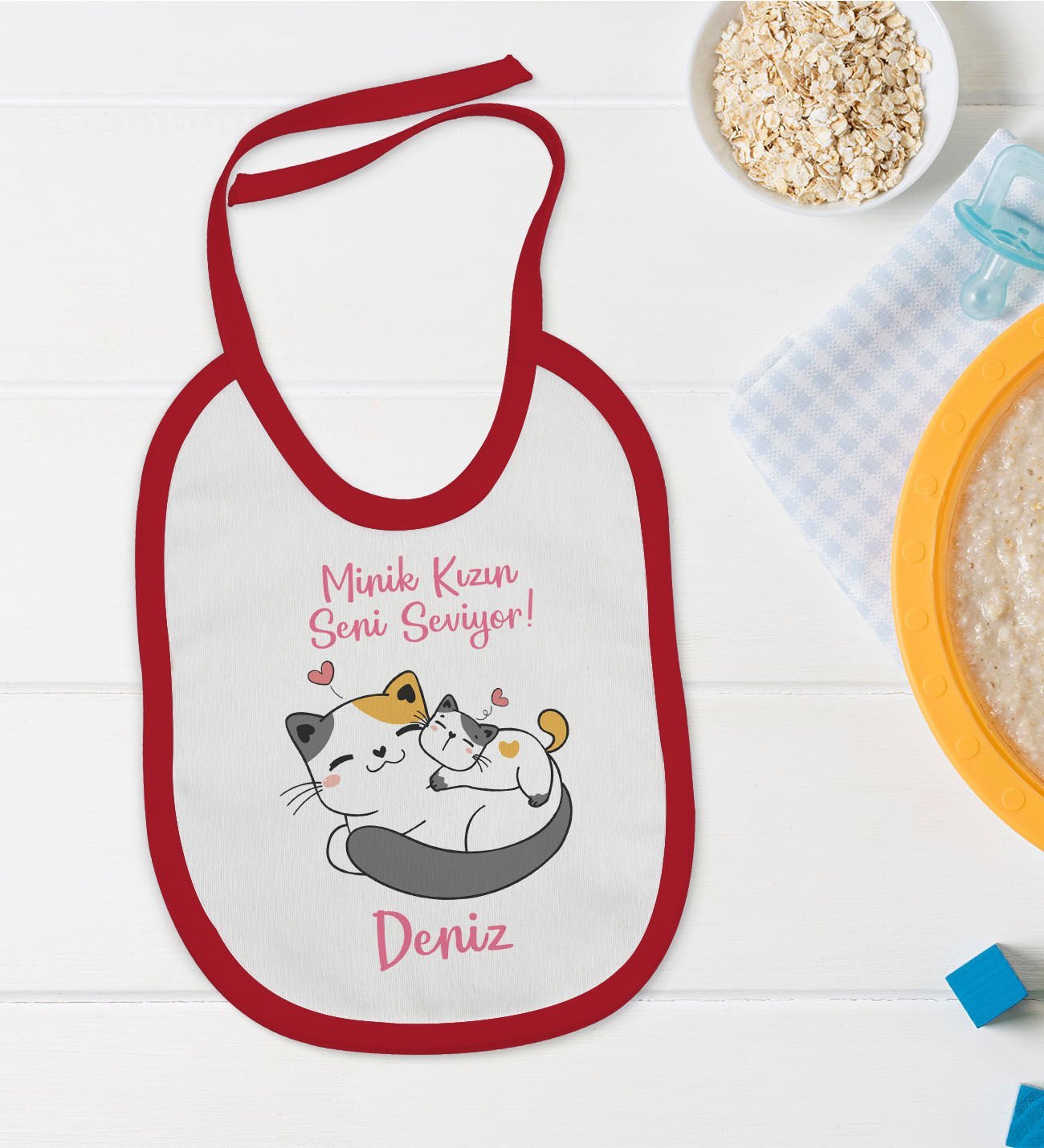 BK Kids Kişiye Özel Minik Kızın Seni Seviyor Tasarımlı Kırmızı Bebek Mama Önlüğü-1