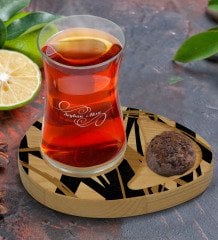 Kişiye Özel Modern Art Tasarımlı Doğal Ahşap Tabaklı Heybeli Çay Bardağı Sunum Seti Model 16