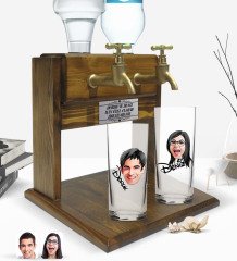 Kişiye Özel Erkek ve Kadın Tasarımlı İkili Rakı Bardağı ve Çift Musluklu Doğal Ahşap Rakı Standı-8