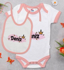 BK Kids Kişiye Özel İsimli Pembe Bebek Body Zıbın ve Mama Önlüğü Hediye Seti-30