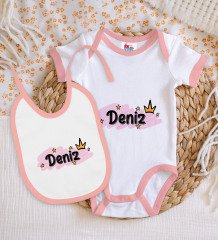 BK Kids Kişiye Özel İsimli Pembe Bebek Body Zıbın ve Mama Önlüğü Hediye Seti-30
