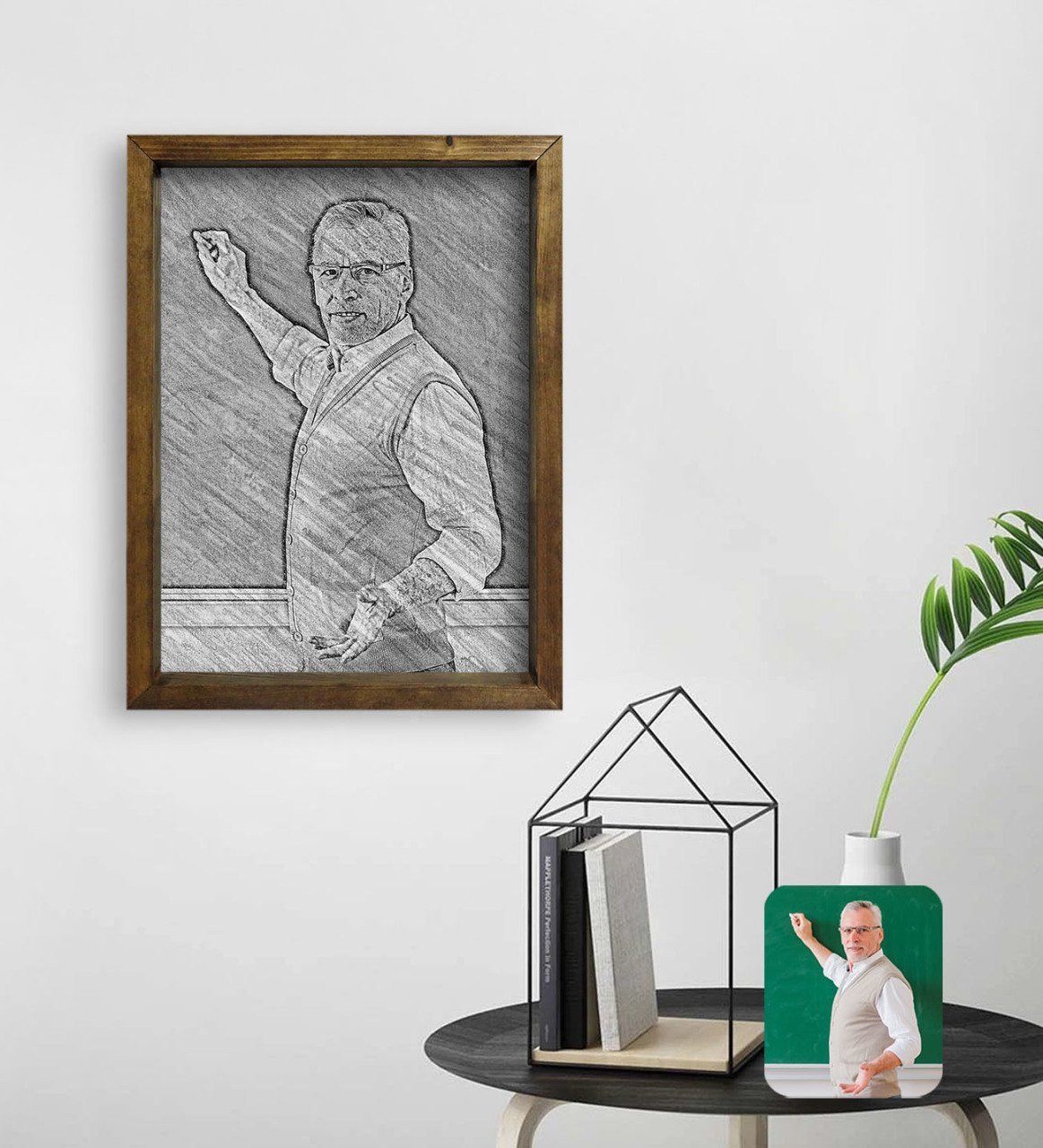 Kişiye Özel Erkek Öğretmen Karakalem Tasarımlı Doğal Masif Ahşap Çerçeveli Tablo 45x65cm-1