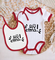 BK Kids Riv Riv Etma Tasarımlı Kırmızı Bebek Body Zıbın ve Mama Önlüğü Hediye Seti-1
