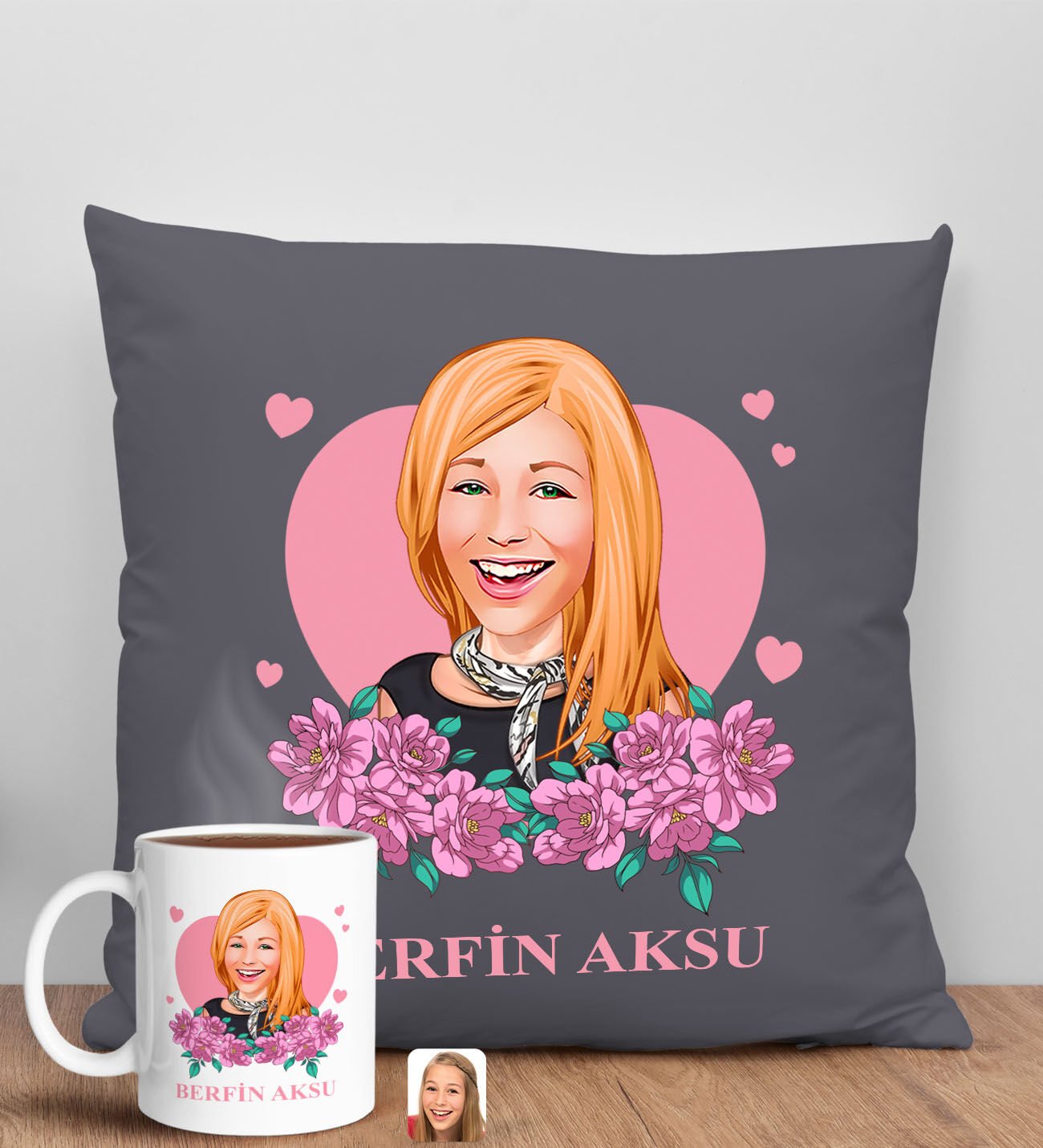 BK Gift Kişiye Özel Karikatürlü Anneler Günü Tasarımlı Antrasit Kırlent Yastık ve Kupa Seti, Anneye Hediye, Ev Dekorasyonu, Anneler Günü Hediyesi-2