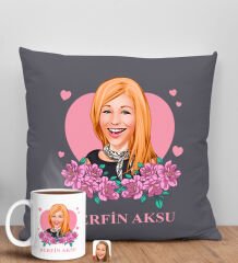 BK Gift Kişiye Özel Karikatürlü Anneler Günü Tasarımlı Antrasit Kırlent Yastık ve Kupa Seti, Anneye Hediye, Ev Dekorasyonu, Anneler Günü Hediyesi-2