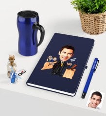 Kişiye Özel Bay Avukat Karikatürlü Lacivert Defter Kalem ve Termos Mug Seti  - 3