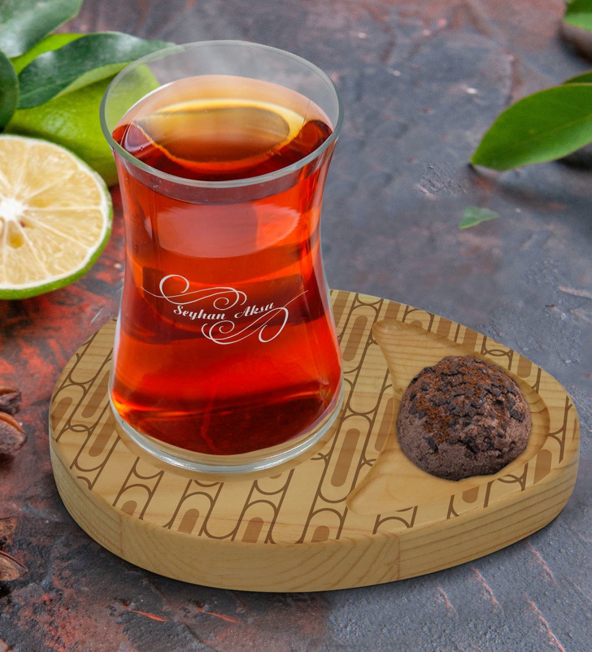 Kişiye Özel Modern Art Tasarımlı Doğal Ahşap Tabaklı Heybeli Çay Bardağı Sunum Seti Model 19