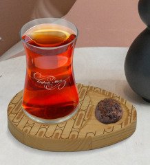 Kişiye Özel Modern Art Tasarımlı Doğal Ahşap Tabaklı Heybeli Çay Bardağı Sunum Seti Model 19