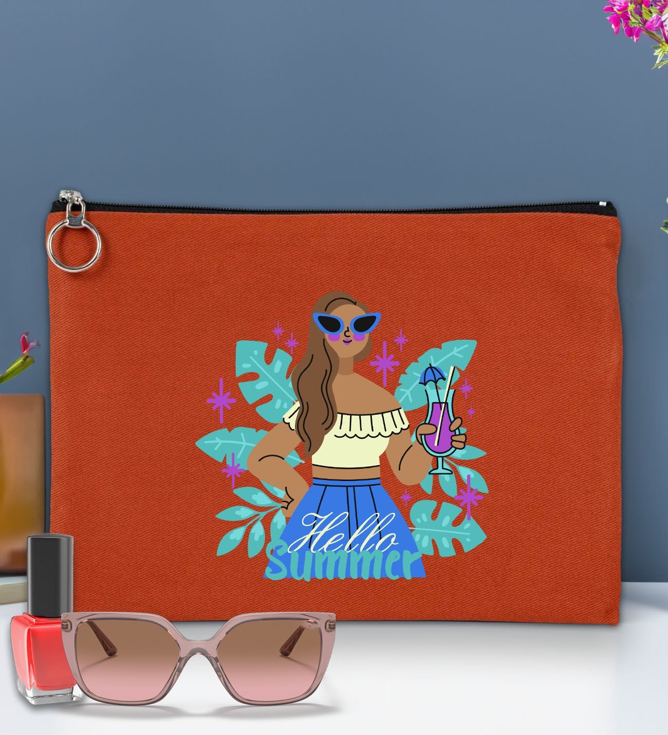 BK Gİft Yaz Temalı-3 Astarlı Kiremit Portföy Çanta 30x21cm, Baskılı El Çantası, Organizer Çanta