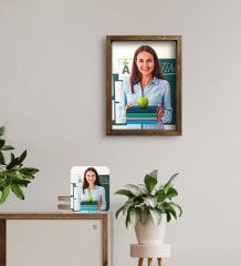 Kişiye Özel Kadın Öğretmen Yağlıboya Tasarımlı Doğal Masif Ahşap Çerçeveli Tablo 45x65cm-1