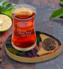 Kişiye Özel Modern Art Tasarımlı Doğal Ahşap Tabaklı Heybeli Çay Bardağı Sunum Seti Model 20