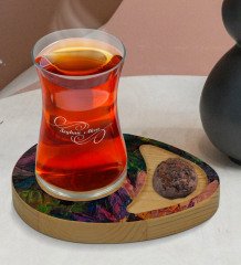 Kişiye Özel Modern Art Tasarımlı Doğal Ahşap Tabaklı Heybeli Çay Bardağı Sunum Seti Model 20